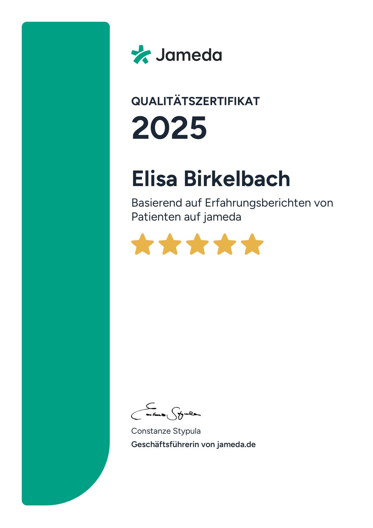 Jameda Qualitaetszertifikat 2025 fuer Elisa Birkelbach